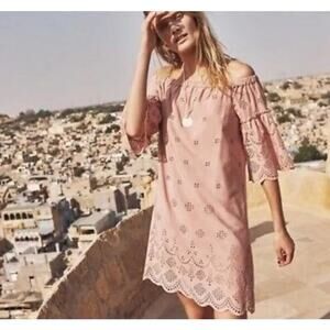 Madewell Eyelet Embroidered Off The Shoulder Mini Shift Dress Dusty Rose Size 2